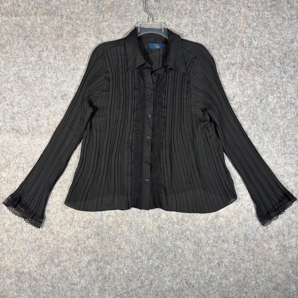 Vintage RAG Pleated Lace Trim Blouse Womens XL Black Flare Sleeve Button Down